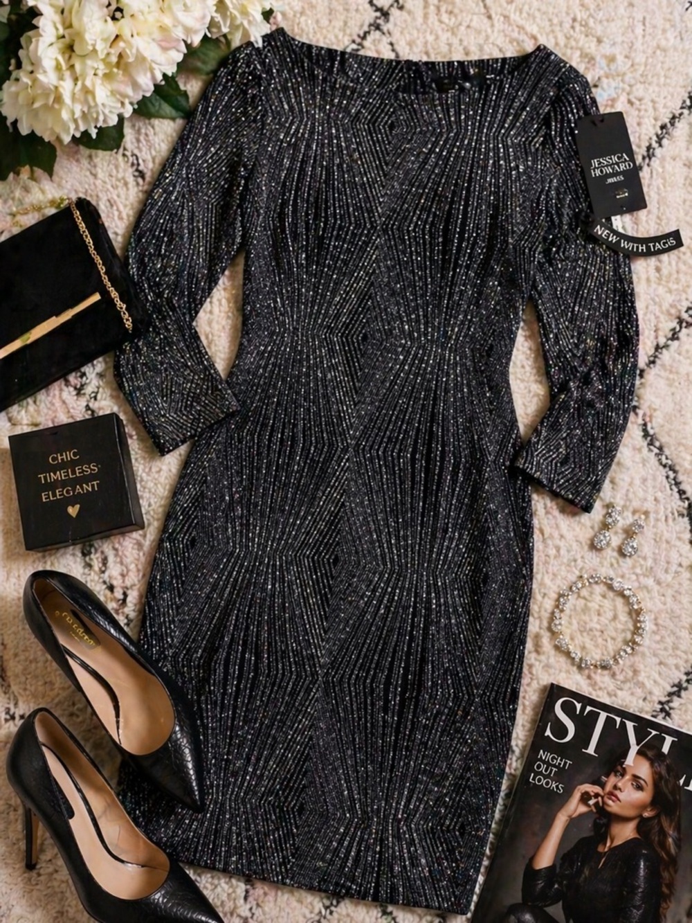 Jessica Howard Black Silver Glitter Sheath Dress NWT 6